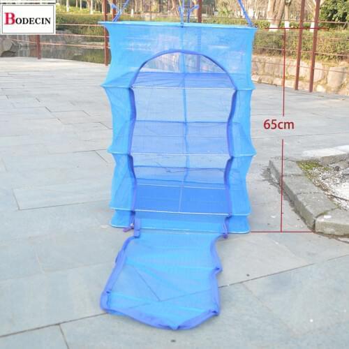 3-Layers Folding Dry Fishing Net Mesh Fish Vegetable Drying Rack Dishes Dryer Net Crab PE Rack Hanging Nets Blue 40x40x65cm
