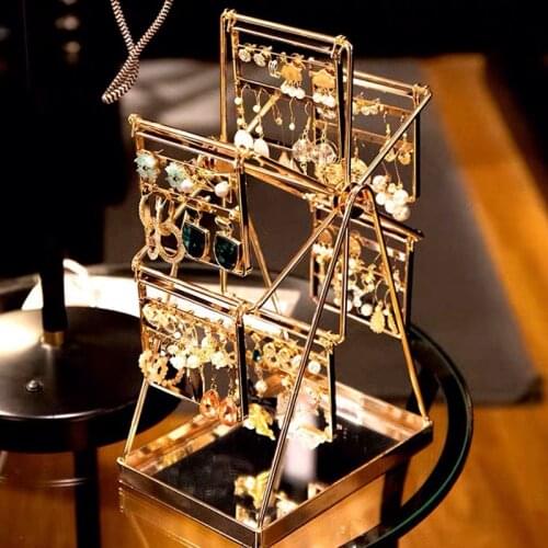 Ferris wheel Jewelry Display Racks Stands Gold Color Metal Rolling Whirling Earring Organizer Storage Holder