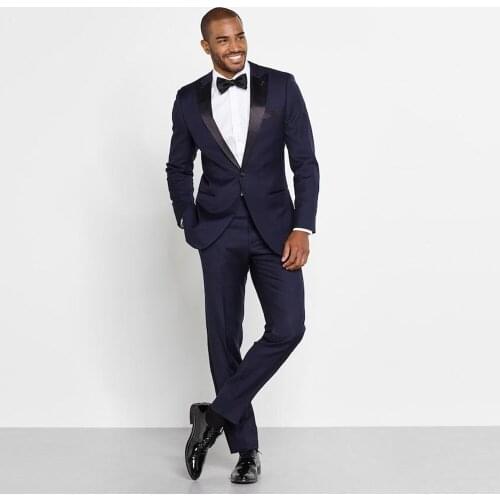 Navy Blue Men Wedding Tuxedos Excellent Groom Tuxedos High Quality Men Formal Prom Dinner Blazer 2 Piece Suit(Jacket+Pants+Tie)