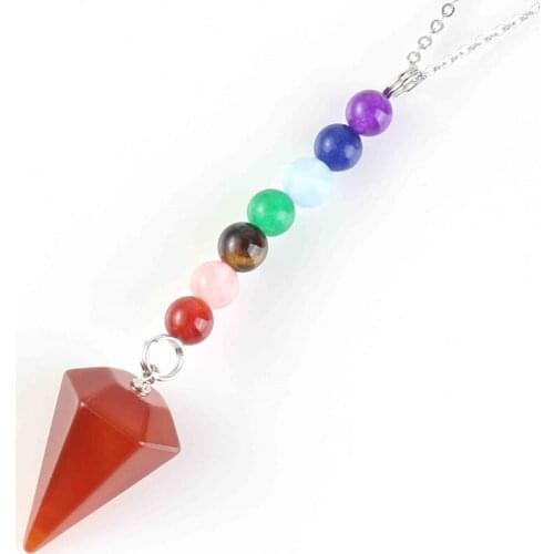 Trendy-beads Silver Plated Small Hexagon Pyramid with 7 Stone Beads Chain Pendant Red Agates Necklace
