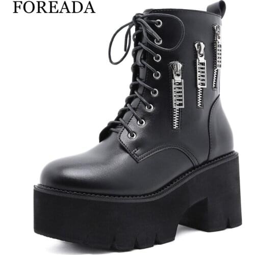 FOREADA Woman Ankle Boots Autumn Platform Thick Heel Shoes High Heel Round Toe Zipper Ladies Short Boots Nightclub Shoes 35-43