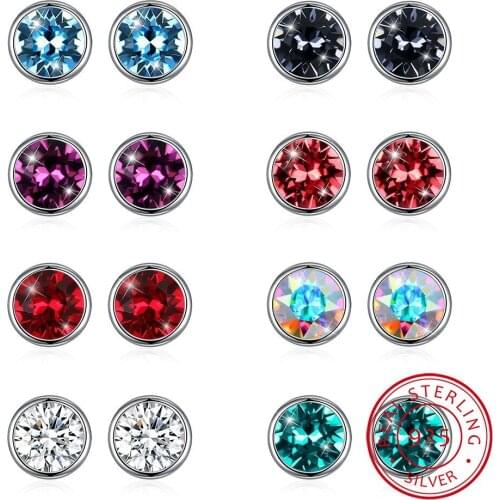 LEKANI 925 Sterling Silver 8mm Round Crystals From Elements Fashion Stud Earrings Fine Jewelry For Women Party Gift