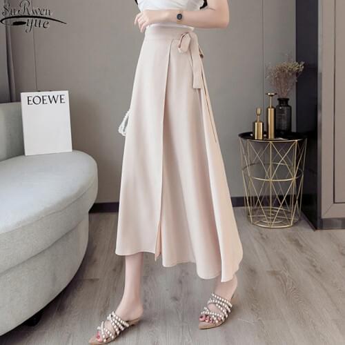Women Loose Solid High Waist Lace Up Chiffon Skirts Vintage Midi One Piece Skirts Female 2021 Spring Summer 12 Colors 9784