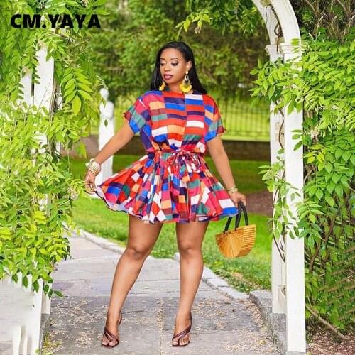 CM.YAYA Women Plus Size Dress Print Short Sleeve O-neck Maxi Loose Bandage Sashes Dresses Fashion Vestidos Summer Outfits 2021