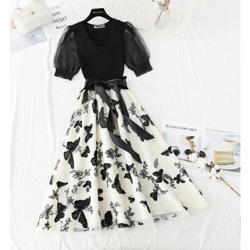 Lace embroidered Stitching Sweater Women summer V-neck Dress Knitted Elastic waist Dresses Retro Lady Ribbed Pullover Dress