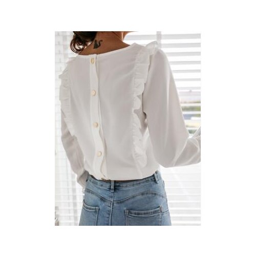 1pcs/lot Spring Autumn O Neck Ruffle Blouse Elegant Office Lady Back Metal Buttons Blouses Casual Women Long Sleeve top