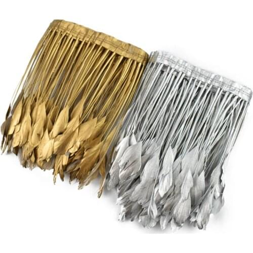 2Yards Golden Goose Feather Trim Stripped Coque Gold Silver Geese Plumes RibbonTape Wedding Plumes Decoration Handicraft Clothes