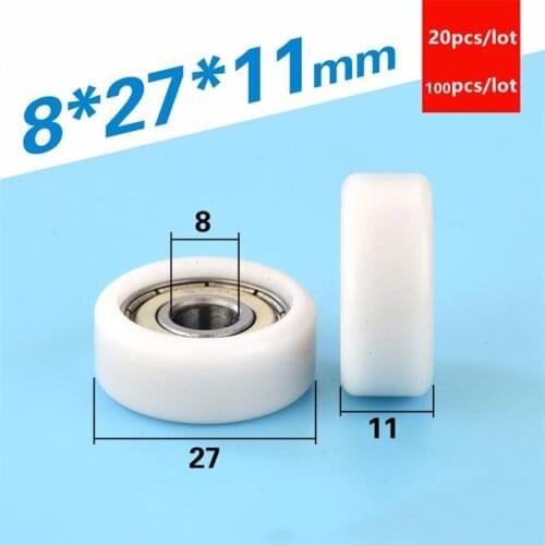 20pcs/100pcs 8*27*11mm 608ZZ 608 bearing POM nylon plastic coated pulley drawer showcase engineering flat wheel 8x27x11 mm