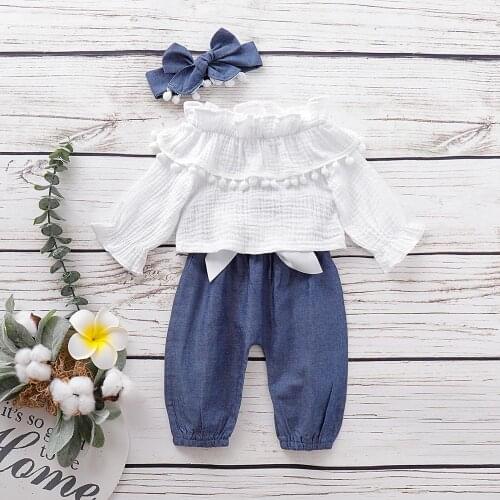 Bow Tie Patchwork Kid Girl Clothes Solid White Long Sleeve Ruffles Top And Blue Bow Pants Headband Set 3PCS Baby Girl Clothes