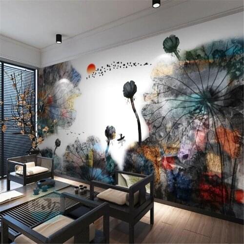 Milofi customized 3D photo wallpaper mural non-woven fabric new Chinese ink lotus decoration painting TV sofa background wall
