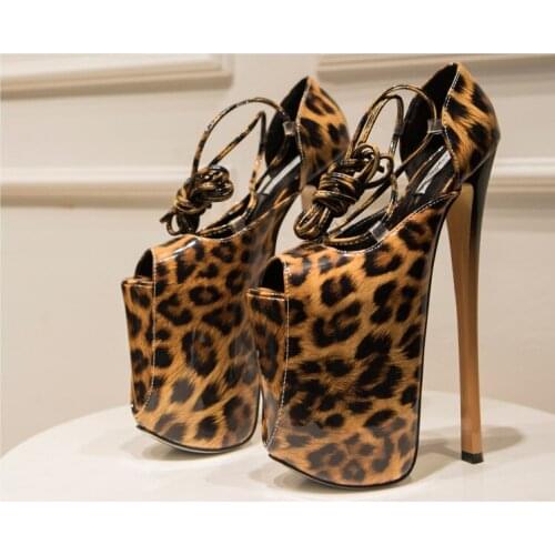 Womens sandals Sexy leopard print super high heel 22cm high heels fashion breathable fish mouth large size 34-46 women shoes