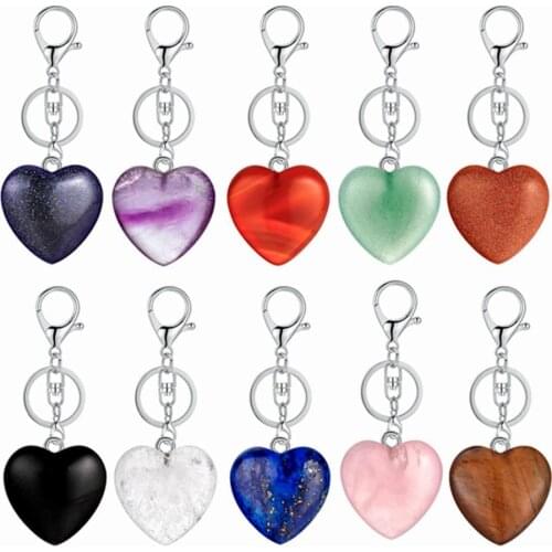 ASHMITA Natural Stone Love Heart Pendant Keychain Quartz Gem Key Rings Crystal Chains Accessories Jewelry Keyring Gift Box