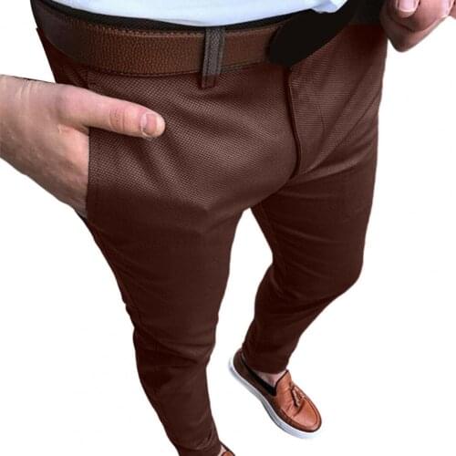 Casual Pants Men Solid Color Mid Waist Pockets Cotton Elastic Pencil Pants Long Trousers Mens Clothing 2021