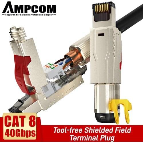AMPCOM Cat8 Shielded Modular Plug - Field Termination Tool-Free 40G 2Ghz, 22-24AWG - (Fits Cat7A & Cat8 Cable)