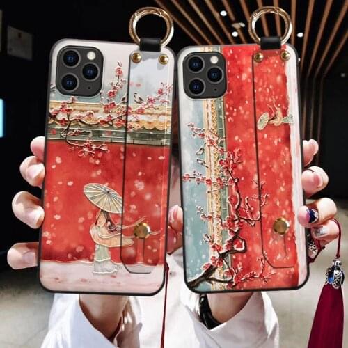 For iPhone 12 11 Pro Max Mini XS SE 2020 XR X 7 8 6S Plus Case 3D Relief Embossed Hand Band Strap Holder Tassel Soft Cover Funda