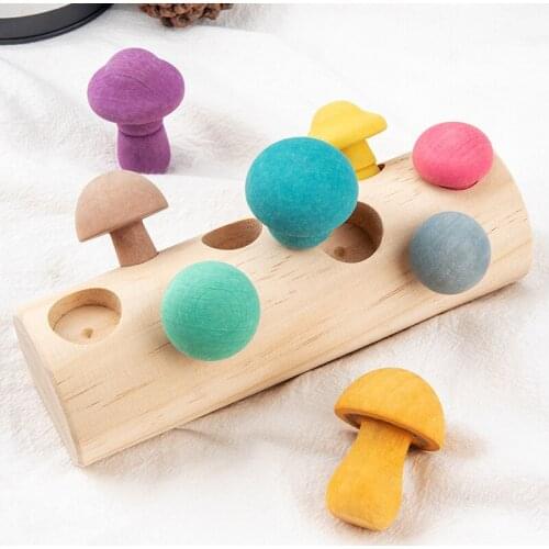 Wooden Rainbow Blocks Mushroom Picking Game Developmental Shape Matching Assembly Grasp Montessori Educational Wooden Baby Toys