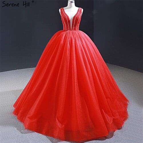 Dubai Red Sexy V-Neck Evening Dresses 2020 Real Photo Beading Sleeveless Lace Up Evening Gowns Serene Hill HM66968