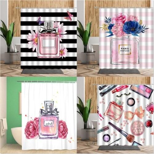 Girly Bathroom Shower Curtain Pink Vintage Perfume Bottle Floral Butterfly Home Decor Fashion Modern Printed Fabric Bath Curtain