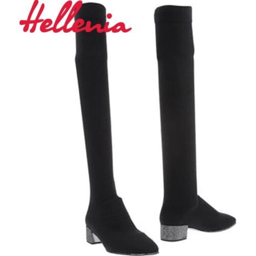 Hellenia Hot Women Boots Winter over knee long boots fashion boots heels autumn quality comfort square heels round toe boot