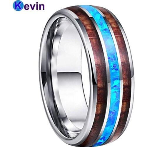 Blue Opal Ring Men Women Tungsten Wedding Bands With Shiny Opal and Koa Wood Inlay Domed Polished Finish Width 8MM Comfort Fit
