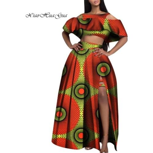 2 Pieces Set for Women African Clothes African Print Dashiki Crop Tops and Long Skirts Fashion Ankara Split Skirts Set WY6892