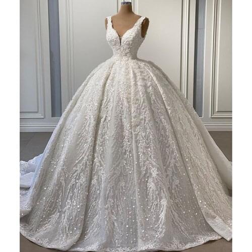 Gorgeous Beads Stones Lace Ball Gown Wedding Dresses 2021 Vestido De Noiva Sexy Open Back V Neck Wedding Gowns Robe De Mariage