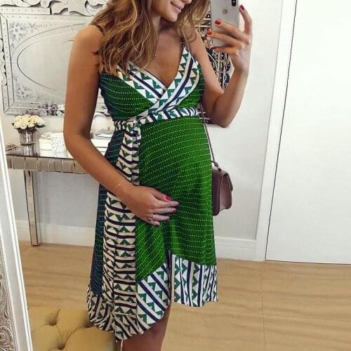 2021 Summer Pregnant Dress European American Womens Printed Sling Maternity Dress Fashion Striped Comfortable Mid-length Dress
