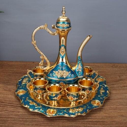 Golden and Blue Color Metal Wine Set/Tea Set Fashion Zinc Alloy Wine Set 1 Set= 1 Plate+ 1 Pot +6 Cups