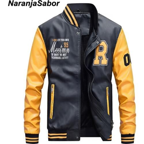 NaranjaSabor Mens PU Jacket Male Winter Autumn Leather Coat Mens Baseball Collar Embroidered Leather Jacket Fashion Slim N570