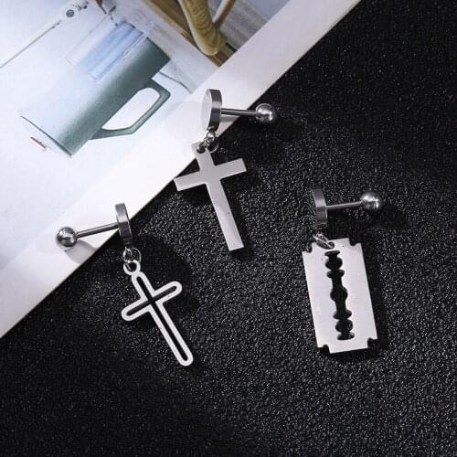 QiLuxy New Fashion Cross Razor Hollow Stainless Stess Drop Earrings for Women Men Punk Metal Dangle Earrings Jewelry