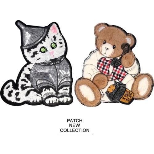 Bear Cat Big Large Sewing Sequin Patches Applique for Clothing Sweatshirt Jacket Sequins Embroidery Badge Sticker Sew on Clothes