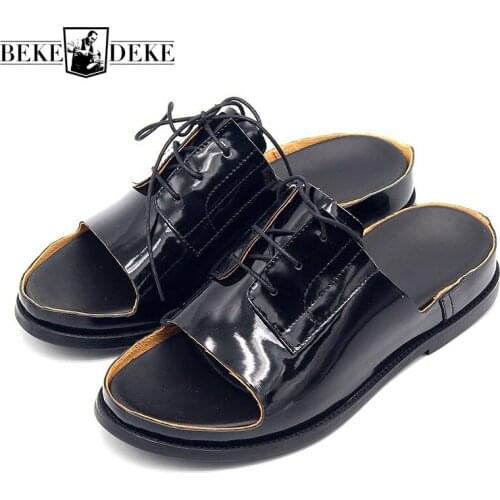 2020 Genuine Cow Leather Open Toe Slippers Black Men Sandals Summer Lace Up Flats Outdoor Slip Sandals Beach Flip Flops Big Size
