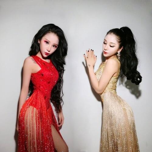 Sexy New Female Singer Clothing DS Costumes Nightclubs DJ Rhinestone Jazz Dance Clothes Golden Tassels Bodysuit performer
