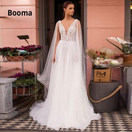 Booma Cap Sleeve Tulle Wedding Dresses Beach 2020 Lace Appliqued Bridal Gowns Boho V-neck Princess Party Dress Plus Size