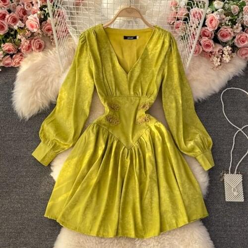 Vintage Womens Dress Stylish Solid Color Yellow Jacquard Dresses Female Latern Sleeve High Waist Slim Vestidos 2021 Autumn