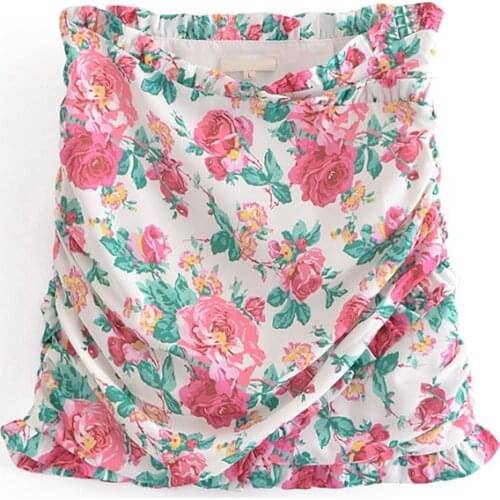 YENKYE Romantic Flower Print Sweet Ruffle Mini Skirt Women Draped Side Zipper High Waist Faldas Mujer Holiday Summer Boho Jupe