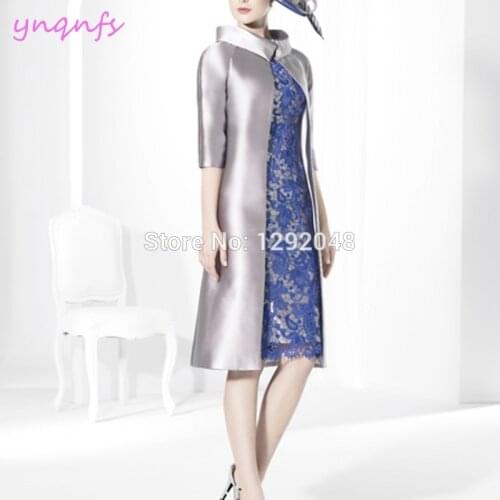 YNQNFS M192 Sheath Satin Dress for Wedding Party 2 Piece Silver Royal Blue Mother of the Bride Dresses Jacket Outfits 2019