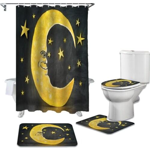 Yellow Night Moon Stars Shower Curtain Set Carpet Cover Toilet Cover Bath Mat Home Decor Bathroom Curtain