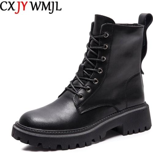 CXJYWMJL Genuine Leather Martin Boots For Women Winter British Style Side Zipper Motorcycle Boots Ladies Autumn Platform Booties