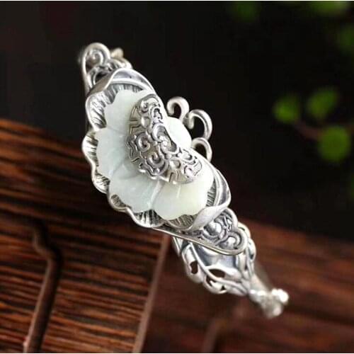 Chinese Classical Style Bangle S925 Silver Inlay Natural White Jade Women Lucky Ornaments Bracelet+Free Gift Box