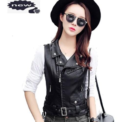 Top Quality Punk Pu Leather Women Waistcoat Slim Fit Belted Casaco Feminino Motorcycle Biker Jacket Zipper Colete Plus SZ