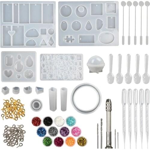 142pcs Epoxy Resin Silicone Casting Molds Kits Tools with 10 PCS Silicone Resin Molds, Glitter Powder, Eye Pins, Drills