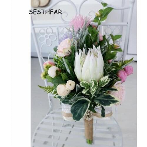 White Wedding Bouquet for Bride Ramos De Novia 2020 Vintage Artificial Bridal Rose Pink Flower Bouquet Bride Brooch Decoration