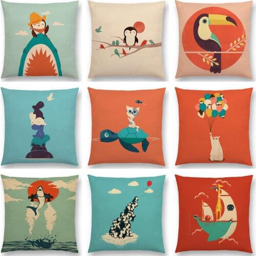 Cute Cartoon Animals Interesting Penguin Shark Octopus Hippo Bird Cat Whale Troll Birds Cushion Cover Sofa Throw Pillow Case