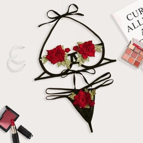 Erotic Lingerie Set Bra Red Rose Flowers Embroidery Sexy V Neck+Black Thong Underwear for Women Female Hot Sale Bielizna Damska