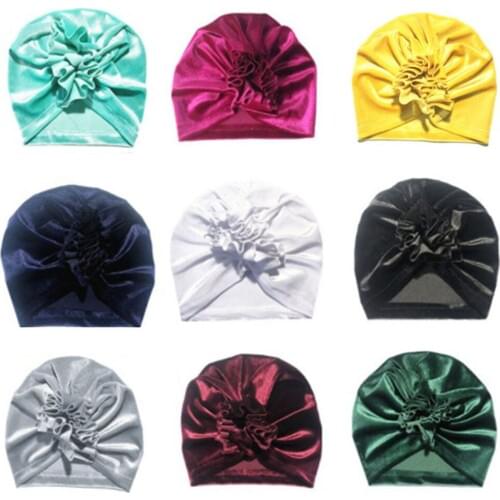 Gold Velvet Flower Childrens Turban Solid Color Kids Cap