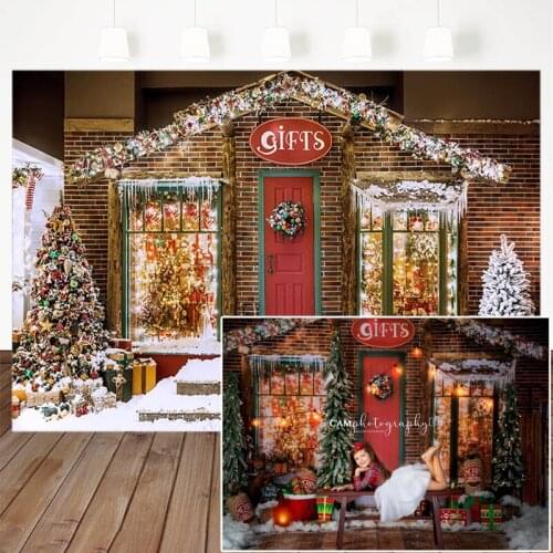Christmas Gift House Photo Background Red Brick Wall Snowflake Background Christmas Tree Children Backdrops For Photo Studio