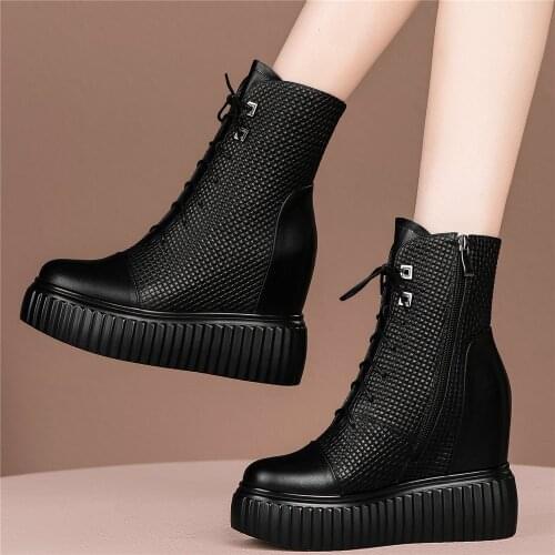 Winter Warm Pumps Shoe Women Lace Up Genuine Leather Wedges High Heel Ankle Boots Female Round Toe Fashion Sneakers Casual Shoes