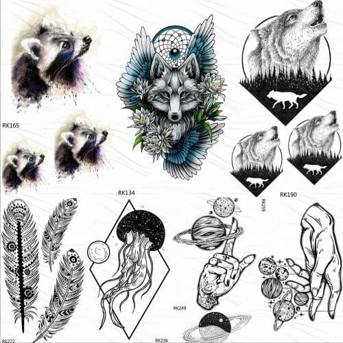 OMMGO Tribal Raccoon Wolf Temporary Tattoos Sticker Forest Round Howl Fake Tattoo Custom Tatoos Art Wings Flower Dream Catcher