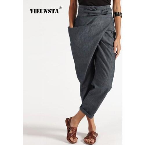 Ladies Irregular Lacing Cropped Trousers Casual Solid Color Loose Harem Pants Retro Personality Street Fashion Waist Pants 2021